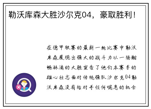 勒沃库森大胜沙尔克04，豪取胜利！