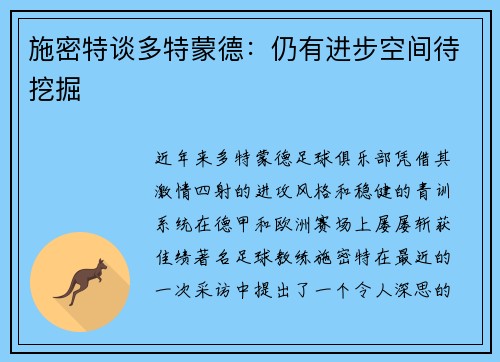 施密特谈多特蒙德：仍有进步空间待挖掘