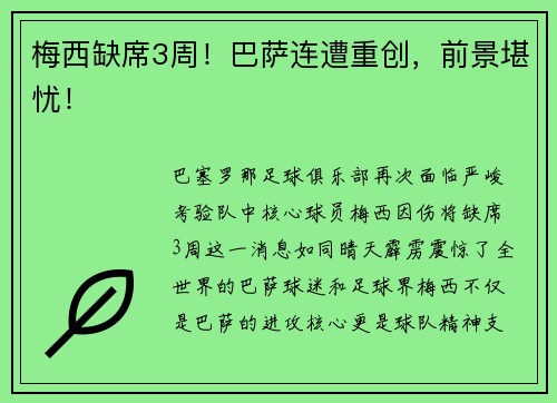 梅西缺席3周！巴萨连遭重创，前景堪忧！