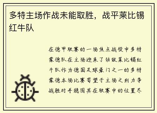多特主场作战未能取胜，战平莱比锡红牛队